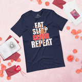 Mountaineering T-Shirt - Gifts for Rock Climbers, Outdoorsy Mountain Men - Climbing Outfit, Clothes - Funny Eat Sleep Climb Repeat Tee - Navy