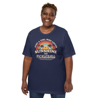 Pickleball Shirt - Pickle Ball Sport Clothes For Women - Gifts for Pickleball Players - Just A Girl Who Loves Sunshine & Pickleball Tee - Navy, Plus Size