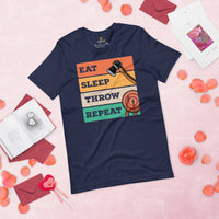 Lumberjack T-Shirt - Gift for Logger, Carpenter, Axe Thrower - Logging, Axe Throwing Outfit - Vintage Eat Sleep Throw Repeat Tee - Navy