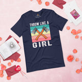 Lumberjack T-Shirt - Gift for Logger, Carpenter, Axe Thrower - Logging, Axe Throwing Outfit, Clothes - Retro Throw Like A Girl Tee - Navy