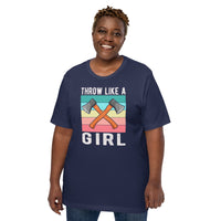 Lumberjack T-Shirt - Gift for Logger, Carpenter, Axe Thrower - Logging, Axe Throwing Outfit, Clothes - Retro Throw Like A Girl Tee - Navy, Plus Size