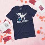 Men's & Women's Bowler Shirt, Outfit - Bowling Alley Themed Party Favors - Presents, Gifts for Bowlers - Funny Bowlsaurus Dinosaur Tee - Navy