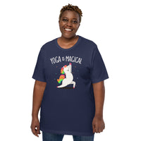 Yoga & Pilates Shirts, Wear, Clothes, Outfits, Attire & Apparel - Gifts for Yoga Lovers, Teacher - Yoga Is Magical Adorable Unicorn Tee - Navy, Plus Size