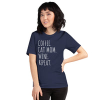 Cat Clothes & Attire - Funny Cat Mom Tee Shirts - Gift Ideas, Presents For Cat Lovers & Owners - Coffee, Cat Mom, Wine, Repeat T-Shirt - Navy