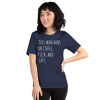 Cat Clothes & Attire - Funny Cat Mom Tee Shirts - Gift Ideas, Presents For Cat Lovers - This Mom Runs On Coffee, Pizza & Cats T-Shirt - Navy