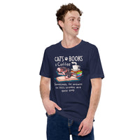 Cat Clothes & Attire - Funny Sphynx Cat Dad & Mom Tee Shirts - Gifts For Cat Lovers & Owners - Cats And Books And Coffee T-Shirt - Navy