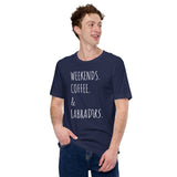 Labrador Dog Themed Clothes - Funny Canine Tee Shirts For Humans - Gifts for Coffee & Dog Lovers - Weekends, Coffee & Labradors T-Shirt - Navy