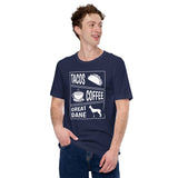 Great Dane Dog Themed Clothes & Attire - Funny Canine Tee Shirts For Humans - Gifts for Dog Lovers - Tacos, Coffee & Great Dane T-Shirt - Navy