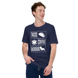 Weiner Dog Themed Clothes - Gifts for Coffee & Dog Lovers - Funny Canine Tee Shirts For Humans - Tacos, Coffee And Dachshund T-Shirt - Navy