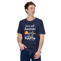 Australian Shepherd Dog Themed Clothes - Funny Canine Tee Shirts For Humans - Gifts for Dog Lovers - Tacos & Aussie Make Me Happy Shirt - Navy