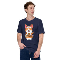 Corgi Dog Themed Clothes & Attire - Gifts for Dog Lovers - Canine Tee Shirts For Humans - Cute Puppy Enjoying Ramen Noodles T-Shirt - Navy