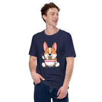 Corgi Dog Themed Clothes - Gifts for Dog Moms, Dads & Lovers - Canine Tee Shirts For Humans - Cute Puppy Enjoying Ramen Noodles T-Shirt - Navy