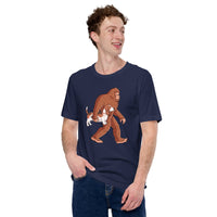 Basset Hound Dog Themed Clothes - Canine Tee Shirts For Humans - Gifts for Yeti & Dog Lovers - Bigfoot Carrying A Basset Hound T-Shirt - Navy