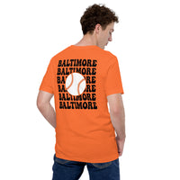 Retro Baltimore Baseball Emblem Fanatic T-Shirt: Gift Ideas for Him & Her, Baseball Enthusiasts & Lovers - Vintage Game Day Shirt - Orange, Back