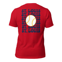 Retro St. Louis Baseball Emblem Fanatic T-Shirt: Gift Ideas for Him & Her, Baseball Enthusiasts & Lovers - Vintage Game Day Shirt - Red, Back