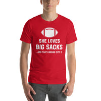 Funny Football Fanatic T-Shirt - She Loves Big Sacks & That Kansas City D Shirt - Ideal Gifts for Football Fans - Game Day Shirt - Red, Men