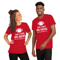 Funny Football Fanatic T-Shirt - She Loves Big Sacks & That Kansas City D Shirt - Ideal Gifts for Football Fans - Game Day Shirt - Red, Unisex