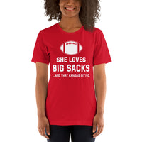 Funny Football Fanatic T-Shirt - She Loves Big Sacks & That Kansas City D Shirt - Ideal Gifts for Football Fans - Game Day Shirt - Red, Women