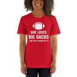 Funny Football Fanatic T-Shirt - She Loves Big Sacks & That Kansas City D Shirt - Ideal Gifts for Football Fans - Game Day Shirt - Red, Women