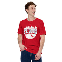 Vintage St. Louis Skyline Baseball Fanatic Shirt: Gift Ideas for Him & Her, Baseball Lovers & Enthusiasts - Retro Style Game Day Tee - Red