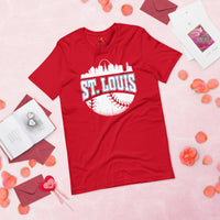Vintage St. Louis Skyline Baseball Fanatic Shirt: Gift Ideas for Him & Her, Baseball Lovers & Enthusiasts - Retro Style Game Day Tee - Red