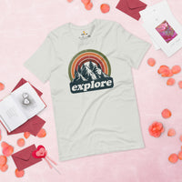 Explore Boho Retro Aesthetic T-Shirt - Hiking Mountain Themed Shirt - Hikecore Granola Tee for Wanderlust, Outdoorsy Camper & Hiker - Silver