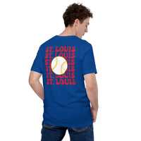 Retro St. Louis Baseball Emblem Fanatic T-Shirt: Gift Ideas for Him & Her, Baseball Enthusiasts & Lovers - Vintage Game Day Tee - True Royal, Back