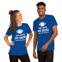 Funny Football Fanatic T-Shirt - She Loves Big Sacks & That Detroit D Shirt - Ideal Gifts for Football Fans - Game Day Shirt - True Royal, Unisex