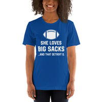 Funny Football Fanatic T-Shirt - She Loves Big Sacks & That Detroit D Shirt - Ideal Gifts for Football Fans - Game Day Shirt - True Royal, Women