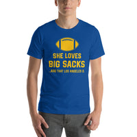Funny Football Fanatic T-Shirt - She Loves Big Sacks & That Los Angeles D Shirt - Ideal Gifts for Football Fans - Game Day Shirt - True Royal, Men