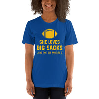 Funny Football Fanatic T-Shirt - She Loves Big Sacks & That Los Angeles D Shirt - Ideal Gifts for Football Fans - Game Day Shirt - True Royal, Women