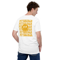 Happy Smiley Face Emoji T-Shirt - Pittsburgh Football Fanatic Vintage Graphic Shirt: Gift for Him & Her, Football Fans - Game Day Shirt - White, Back