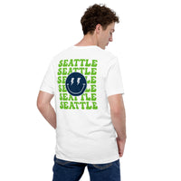 Happy Smiley Face Emoji T-Shirt - Seattle Football Fanatic Vintage Graphic Shirt: Gift for Him & Her, Football Fans - Game Day Shirt - White, Back