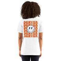 Happy Smiley Face Emoji T-Shirt - Denver Football Fanatic Vintage Graphic Shirt: Gift for Him & Her, Football Fans - Game Day Shirt - White, Women, Back