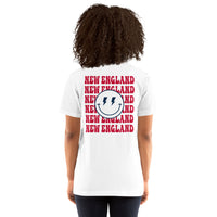 Happy Smiley Face Emoji T-Shirt - New England Football Fanatic Vintage Graphic Shirt: Gift for Him & Her, Football Fans - Game Day Tee - White, Women, Back