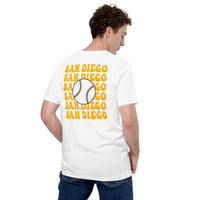 Retro San Diego Baseball Emblem Fanatic T-Shirt: Gift Ideas for Him & Her, Baseball Enthusiasts & Lovers - Vintage Game Day Tee - White, Back
