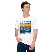 I Like Wine & Camping & Maybe 3 People T-Shirt - Wine Lover Shirt - Campervan Motorhome Shirt - Road Trip, Glamping, Overlanding Shirt - White