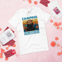 Grumpy Cat Camping Because Murder Is Wrong Shirt - Campfire, Bonfire Crew Shirt - Glamping Excursion Tee - Gift for Nature & Cat Lover - White