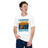 Outdoor Glamping Tent T-Shirt - Embrace Nature & Adventure with Campfire Vibes & Camping Lover Shirt - Because Murder Is Wrong Shirt - White