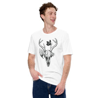 Monarch, Deer Skull & Mushroom Academia T-Shirt - Butterfly, Insect, Pollinator Shirt - Gift for Forager, Collector & Nature Lover - White