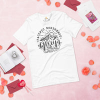 Pacific Northwest Adventure Awaits: Campfire & Happy Camper T-Shirt - Camping Crew/Squad Tee for Glamping Lover, Wilderness Enthusiasts - White