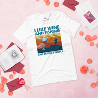 Funny Fishing & PFG T-Shirt - Gift for Fisherman, Beer Lovers - Master Baiter Tee - I Like Fishing And Wine And Maybe 3 People Shirt - White