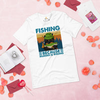 Fishing & PFG T-Shirt - Gift for Fisherman, Cat Lovers - Grumpy Cat Shirt - Master Baiter Shirt - Fishing Because Murder Is Wrong Shirt - White