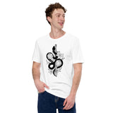 DnD & RPG Games T-Shirt - Gaming Gift Ideas for Him & Her, Typical Gamers & Game Lovers - Artistic Rogue Snake & DnD Dice Shirt - White