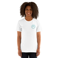 Happy Smiley Face Emoji T-Shirt - Miami Football Fanatic Vintage Graphic Shirt: Gift for Him & Her, Football Fans - Game Day Shirt - White, Women, Front