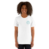 Happy Smiley Face Emoji T-Shirt - Miami Football Fanatic Vintage Graphic Shirt: Gift for Him & Her, Football Fans - Game Day Shirt - White, Women, Front