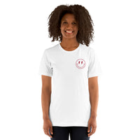 Happy Smiley Face Emoji T-Shirt - Tampa Bay Football Fanatic Vintage Graphic Shirt: Gift for Him & Her, Football Fans - Game Day Shirt - White, Women, Front