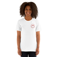 Happy Smiley Face Emoji T-Shirt - San Francisco Football Fanatic Vintage Graphic Shirt: Gift Ideas for Him & Her, Football Fans - White, Women, Front