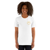 Happy Smiley Face Emoji T-Shirt - Pittsburgh Football Fanatic Vintage Graphic Shirt: Gift for Him & Her, Football Fans - Game Day Shirt - White, Women, Front