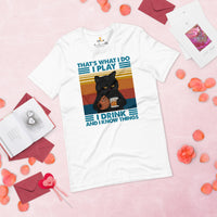 Funny Baseball T-Shirt - Gift Ideas for Him & Her, Wine & Baseball Lovers, Cat Dad & Mom - I Play, I Drink And I Know Things Shirt - White